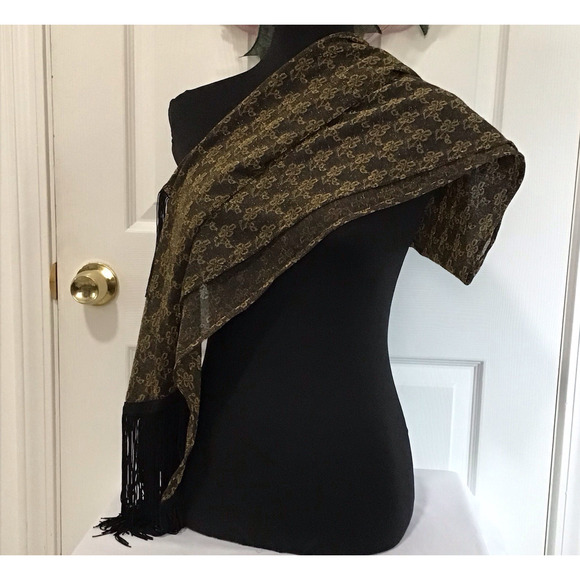 Black Gold Metallic Fringe Scarf Shawl Wrap Evening Wedding Party 75"x18" - Picture 3 of 11